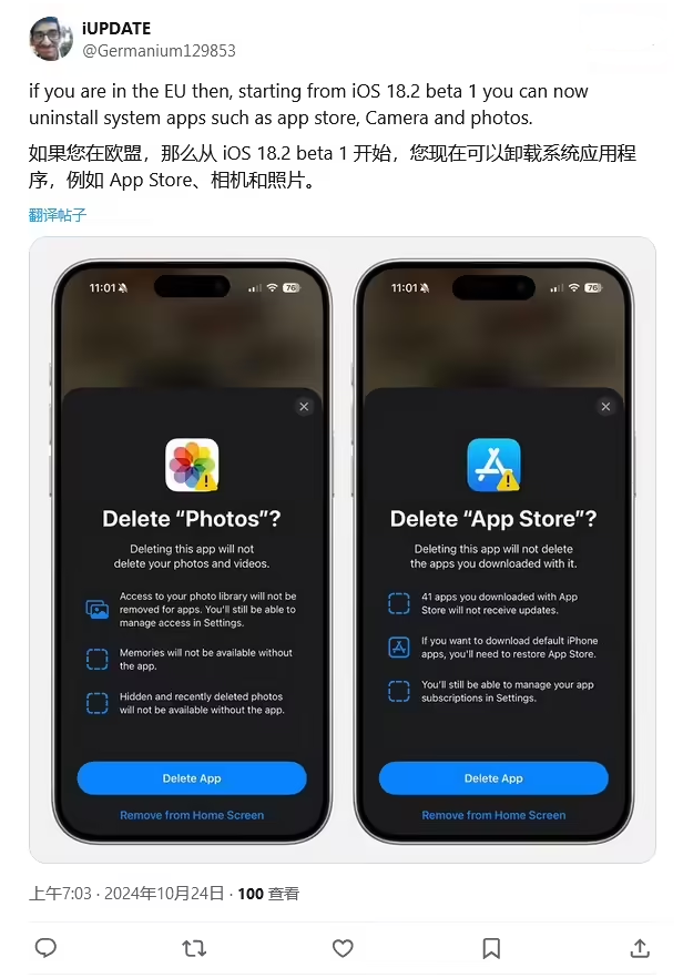 兰陵苹果手机维修分享iOS 18.2 支持删除 App Store 应用商店 