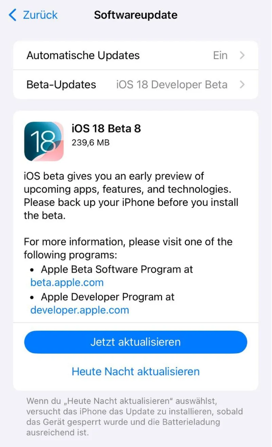 兰陵苹果手机维修分享苹果 iOS / iPadOS 18 开发者预览版 Beta 8 发布 